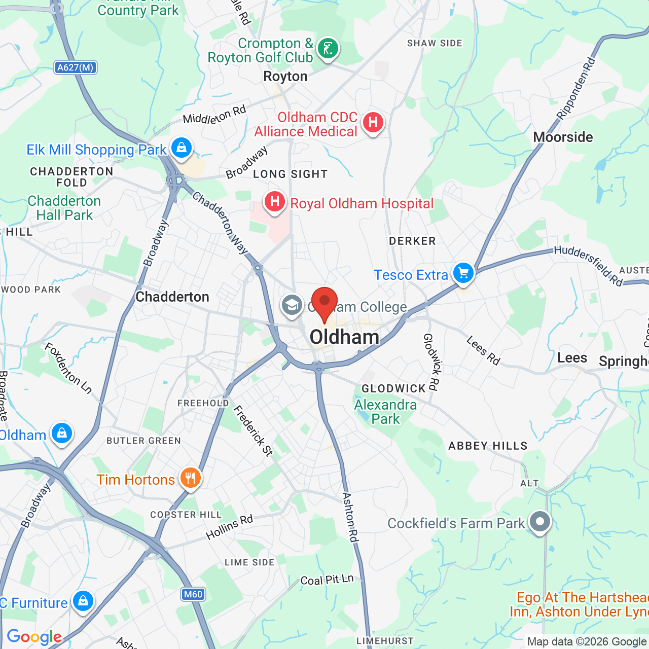 Map showing location of 23 Market Place, Oldham, United Kingdom, OL1 3AB