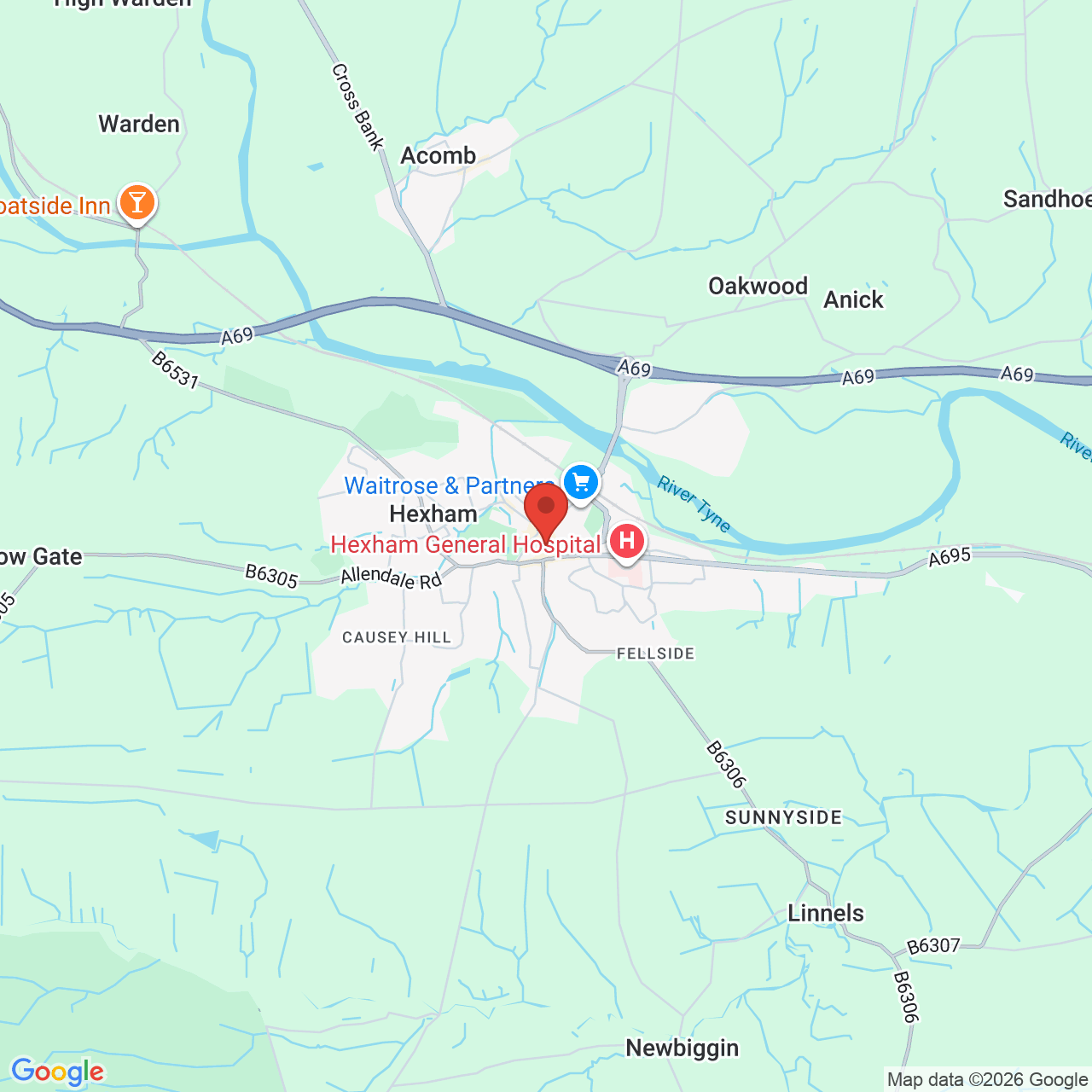 Map showing location of 44 Fore St, Hexham, United Kingdom, NE46 1LZ