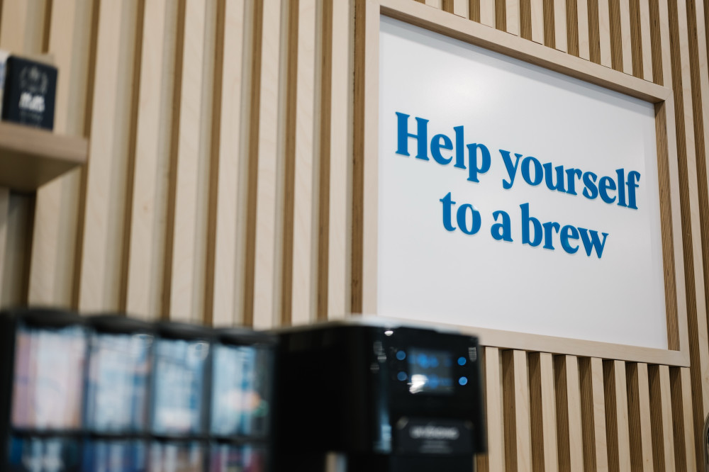 Coffee station at Skipton branch with 'Help yourself to a brew' signage.